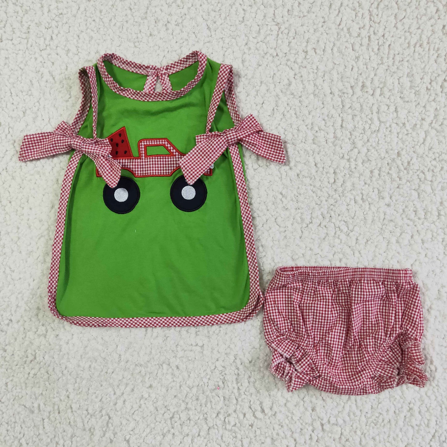 GBO0048 Embroidered Watermelon Truck Plaid Shorts Sets
