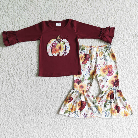 GLD0016 Baby Girls Embroidery Floral Pumpkin Burgundy Outfit
