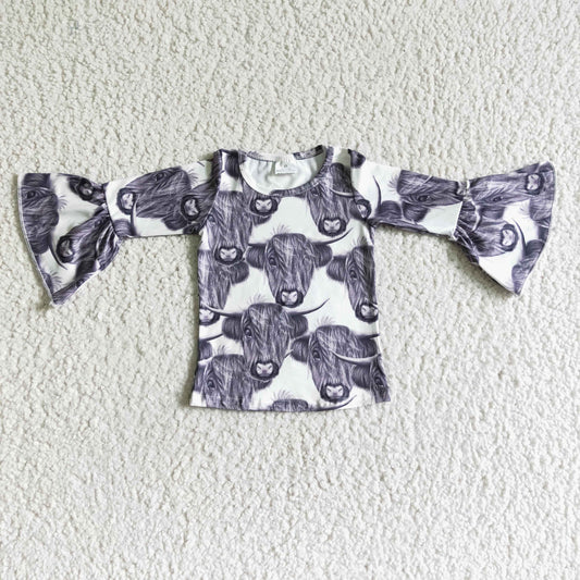 GT0009 Baby Girls Highland Cow Print Bell Sleeve Shirt Top