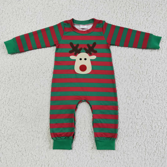LR0028 Baby Boys Christmas Reindeer Green Red Striped Romper