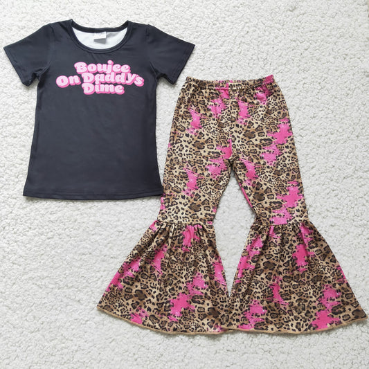 Girls' Leopard Print bell Bottom Letter T-Shirt Set