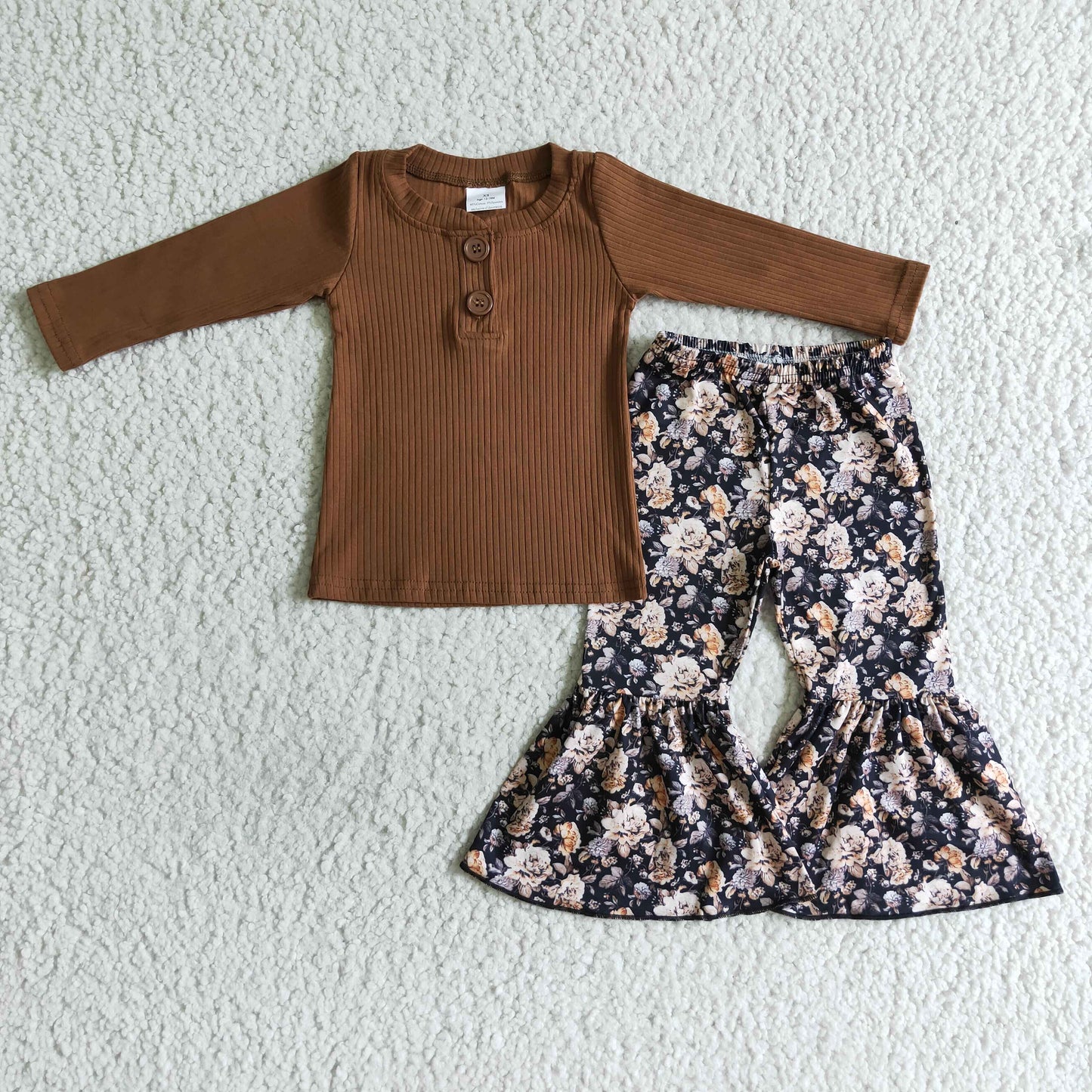 GLP0079 Girls Cotton Long Sleeve Brown Top Bell Pants Outfit