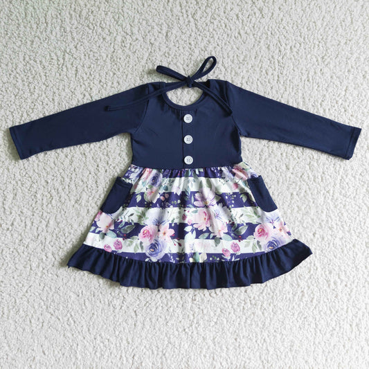 GLD0052 Fall Design Kids Girls Navy Floral Long Sleeve Dress