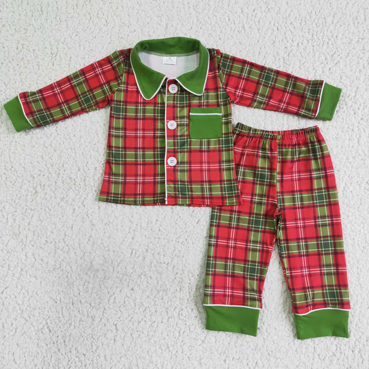 BLP0049 Boys Red and Green Plaid Pocket Christmas Pajamas