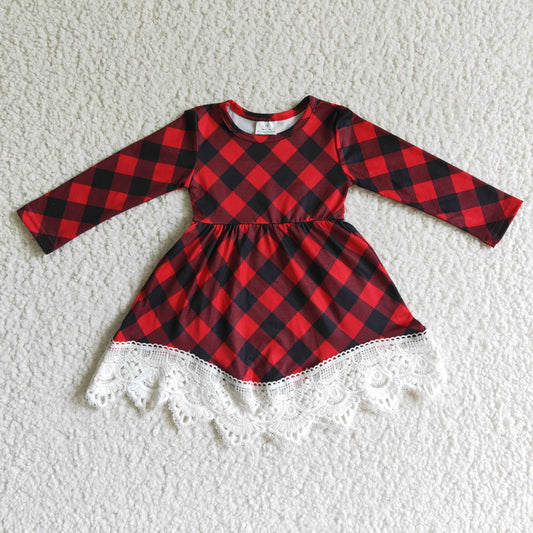 GLD0024 Red and Black Plaid Lace Girls Long Sleeve Dress