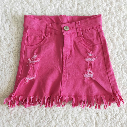 girl fringed pink denim skirt