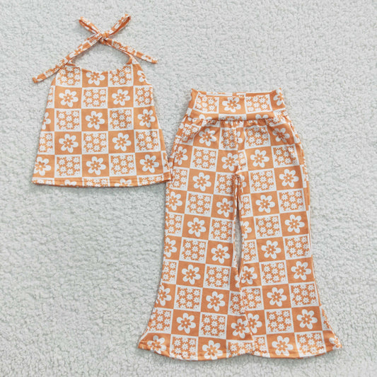 GSPO0519 Girls Orange Plaid Halter Pant Set