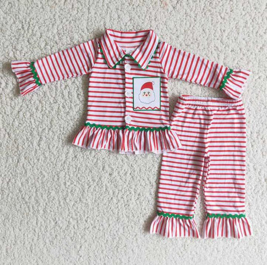 6 B9-3 Girls Embroidered Santa Stripe Ruffle Pajamas