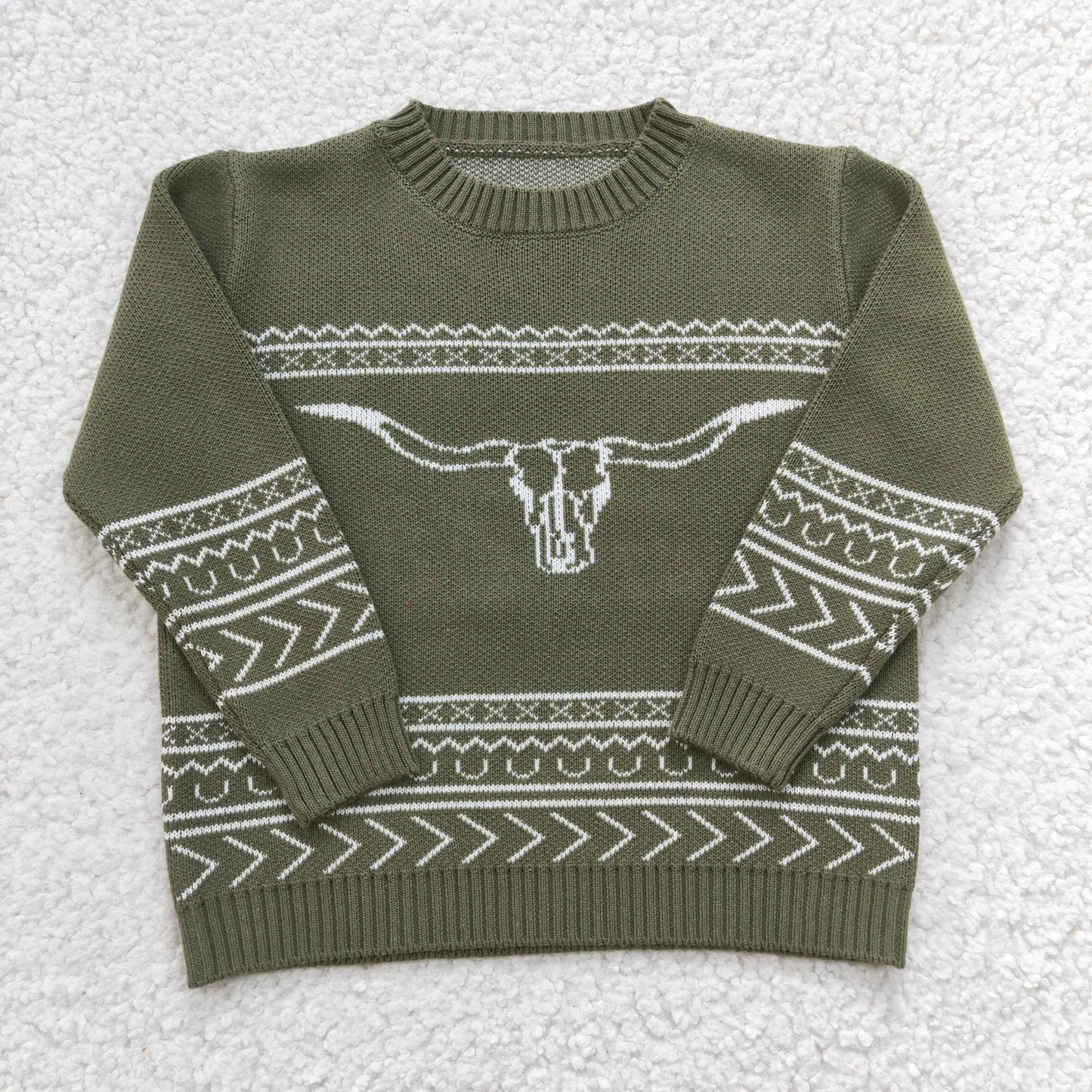 BT0178 Western bull head green sweater