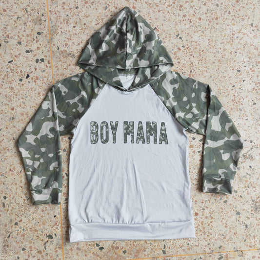 Boy Mama Adult Camo Hooded Pocket Top T-Shirt