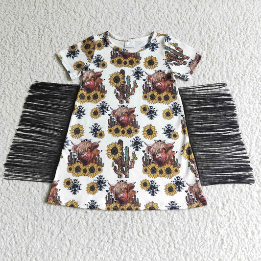 GSD0084 Sunflower cow tassel T-shirt dress for girl