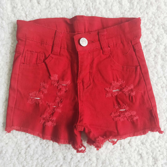 Kids Button Down Red  Denim Shorts