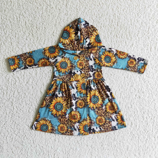 GT0028 Girls Sunflower Leopard Print Hooded Dress