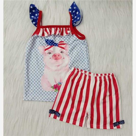 4th of July Pig Stripe Shorts Girls' Ruffle Outfit