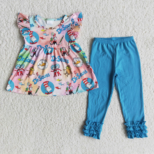 Cat in the hat kids clothing baby girl blue ruffle legging outfit spring and summer children's clothing wholesale