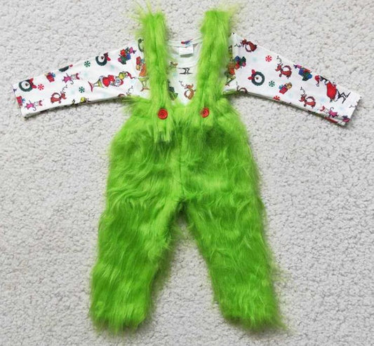 6 B0-4 Christmas Fuzzy Green Overalls Outfit