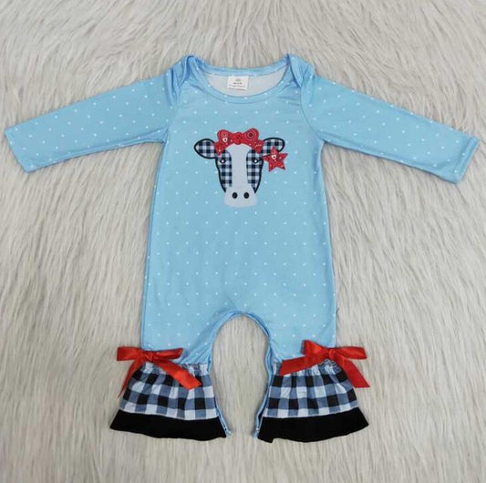 6 A27-2-1 blue cow embroidery girl romper