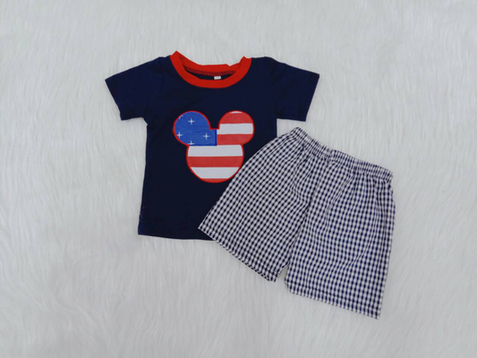 Cute Mouse Embroidered Boys Plaid Shorts Sets