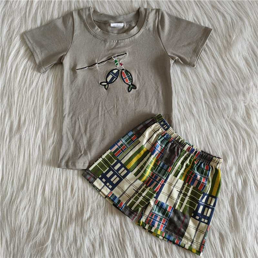 Embroidered Fish Boy's Plaid Shorts Outfits