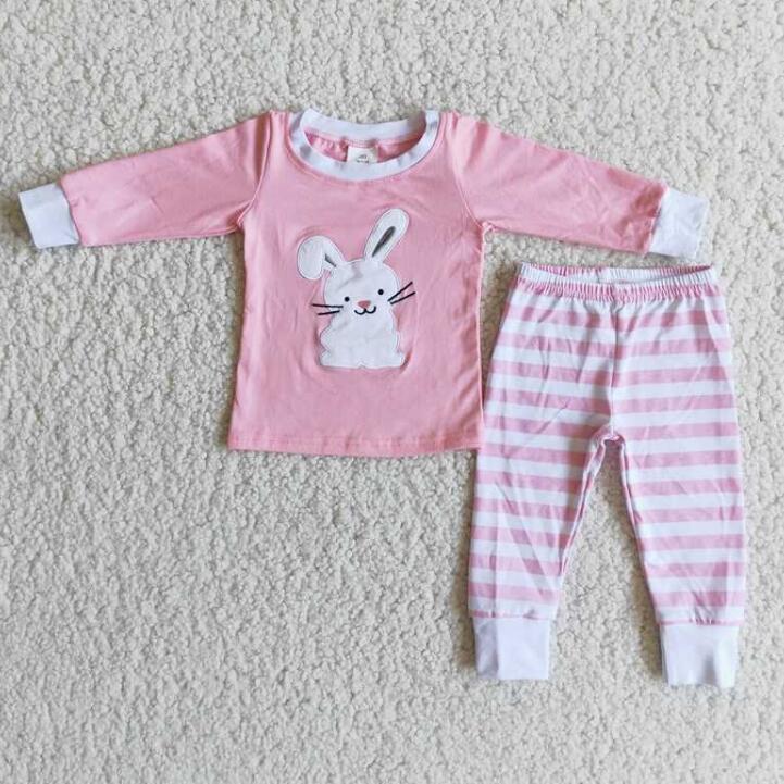 6 B8-25 Girls Striped Embroidered Bunny Pink Pajamas