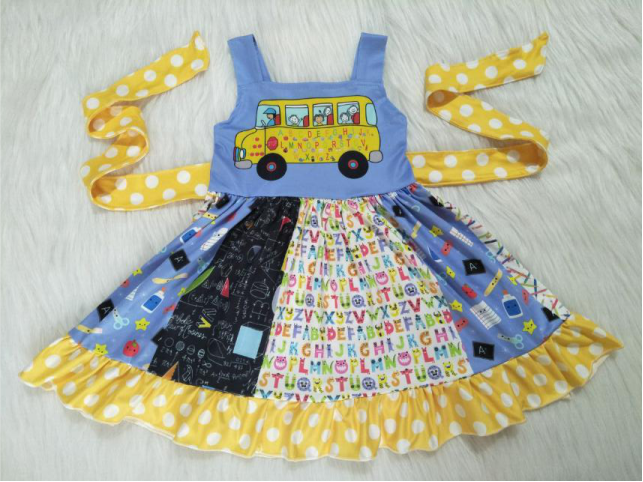 A7-2 school bus back to school girl belt twirl dress