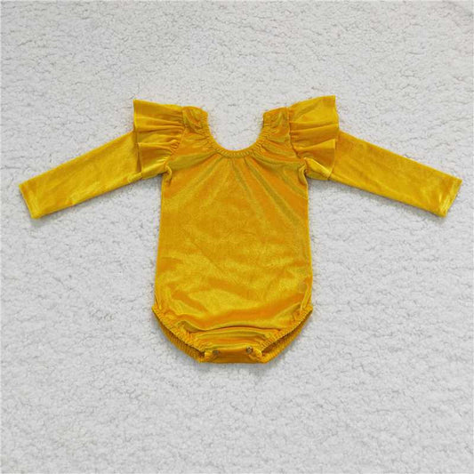 LR0210Girls Yellow Gold Velvet Long Sleeve Dance Costume