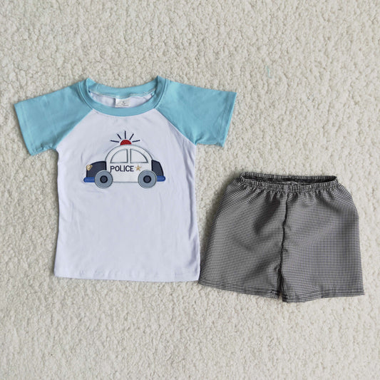 Police Car Embroidery Boy's Summer Short Sleeve Sets