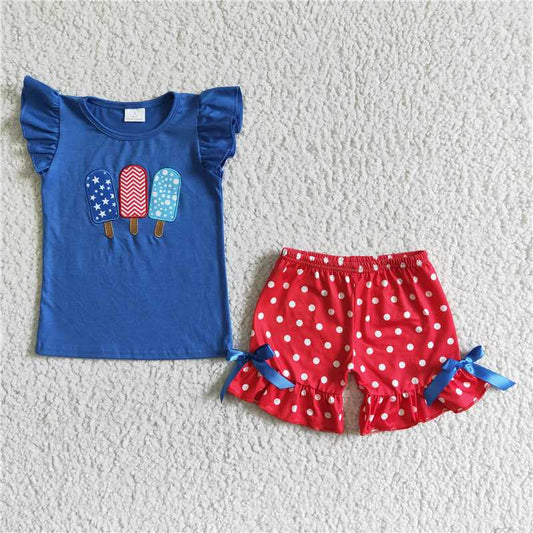 GSSO0090 Girls National Day Embroidered Popsicle Flying Sleeves Bow Knot Shorts Set