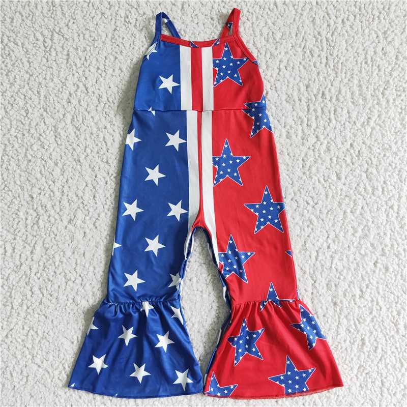 SR0058 Girls Blue and Red Stitching National Day Star Sling Jumpsuit