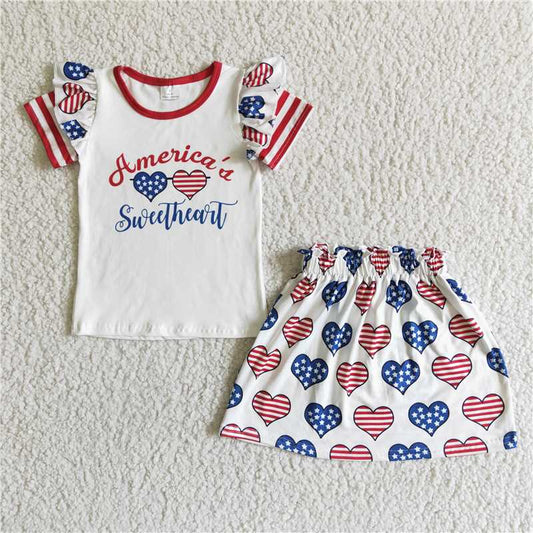 GSSO0051 Girls American National Day Love Short Sleeve Skirt Set
