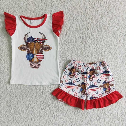 GSSO0046 Girl's National Day Bull Head Red Flying Sleeve Lace Shorts Set