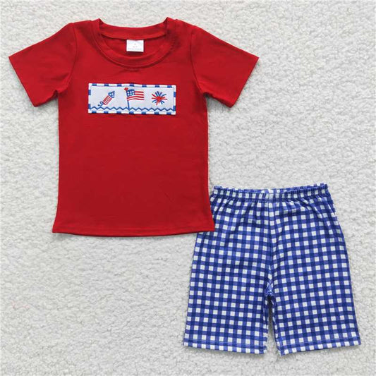 BSSO0176 Boys Embroidered National Day Flag Firework Red Short Sleeve Shorts Set