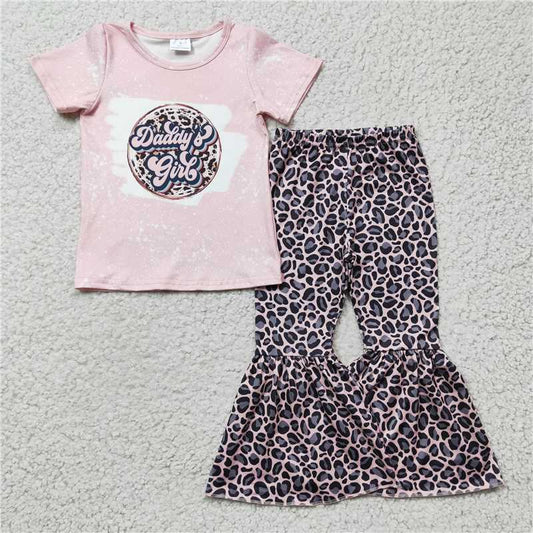GSP00219 Girls Daddys gri1 Pink Leopard Short Sleeve Trouser Set