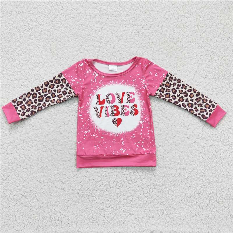 GT0071Girls Valentine's Day VIBES Pink Leopard Long Sleeve Top