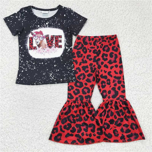 GSPOO288 Girls LOVE cow black short-sleeved red leopard trouser suit