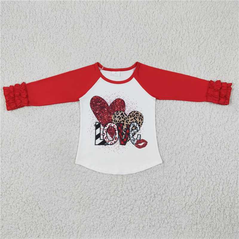 GT0072Girls Valentine's Day LOVE Red Leopard Love Long Sleeve Top