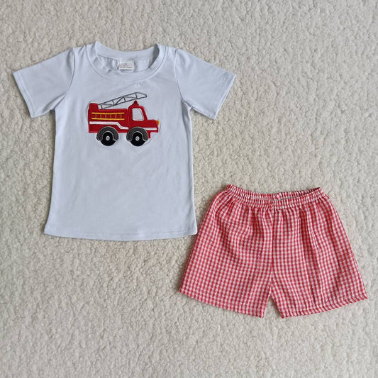 Fire Truck Embroidery Boy's Summer Outfits
