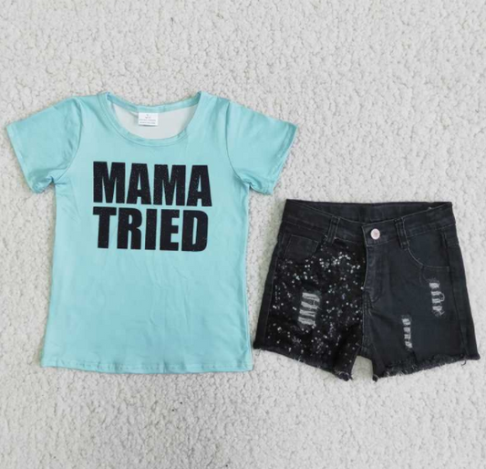 Mama tried girls denim shorts sets