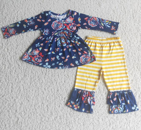 6 A13-12  blue flower yellow striped ruffle pants outfits