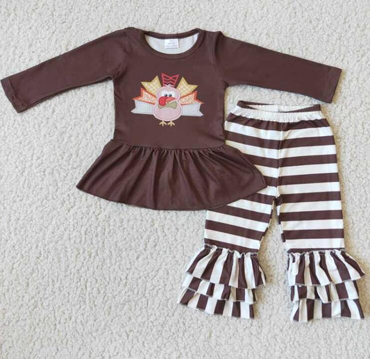 6 A29-17 turkey thanksgiving girl brown striped outfits