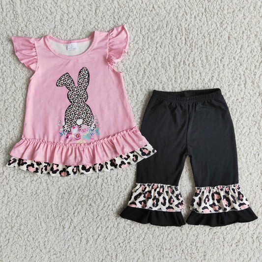 girl black leopard pink bunny easter flutter sleeve set