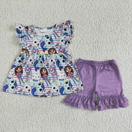 GSSO0068 Cartoon girl's purple shorts sets