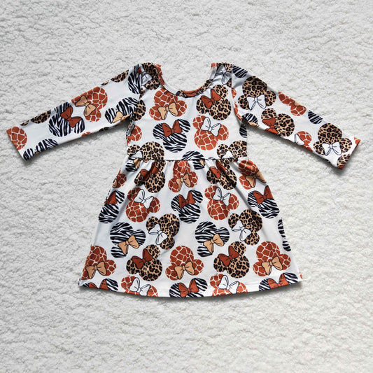 GLD0181 Girl Leopard Print Mouse Head Long Sleeve Dress
