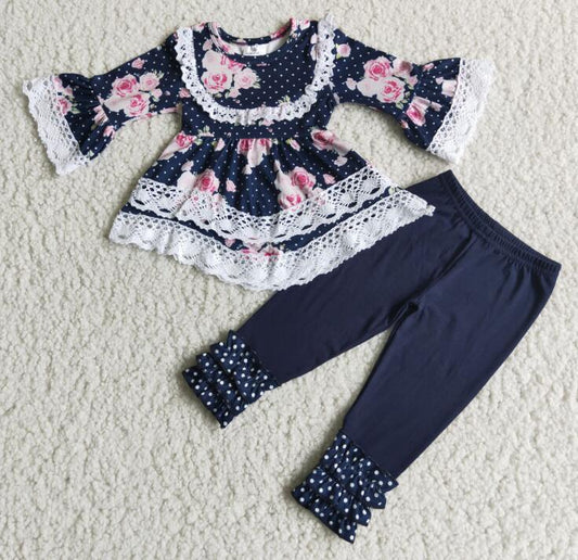 6 A24-17 Lace Flower Girls Navy  Pants Outfits