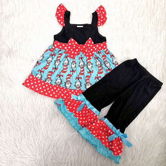 Cartoon cat polka dot bow little flying sleeve girl's spring clothes