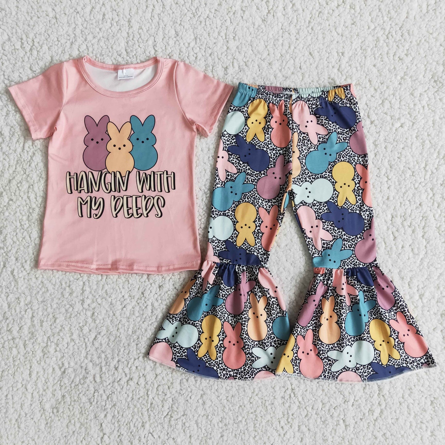 3 cute bunnies Easter outfit for baby girl bell bottom trousers