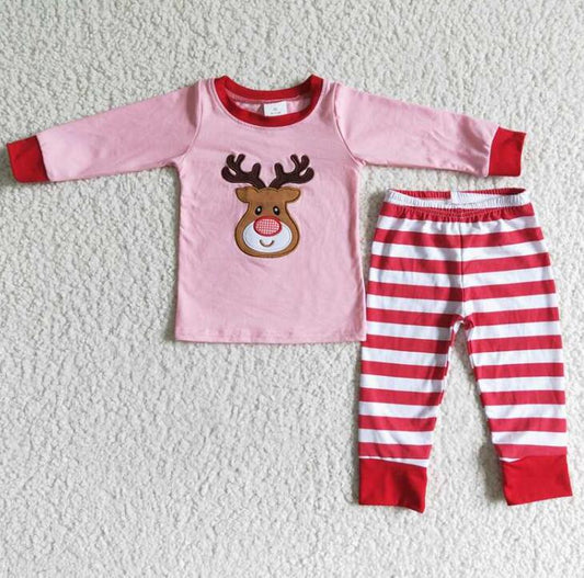 6 A27-12 Pink Embroidered Deer Head Christmas Kids Pajamas