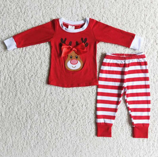 6 B4-24 Embroidered Deer Red Christmas Pajamas for kids