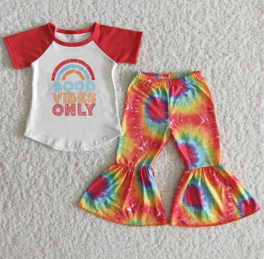Good Vibes day tie dye bell bottom fashion outfit for baby girls