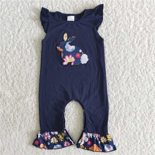 B8-11 Embroidered bunny ruffle romper easter clothes for baby girl
